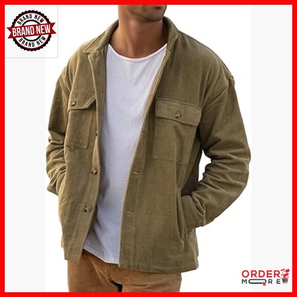 Men's Corduroy Shacket with 4 Pockets Button Down Casual Work Jacket